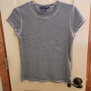 White Stripes Classic RALPH LAUREN tshirt Navy/white w/purple Polo logo on chest